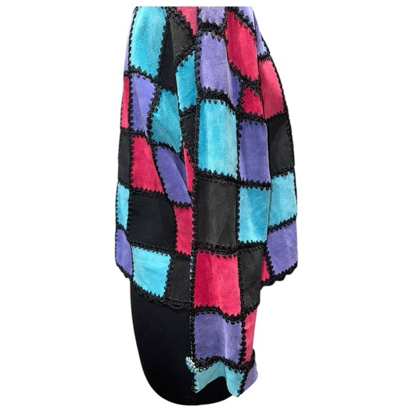 Vintage Suede Patchwork Boho Jacket M/L Jewel Sleeve Crochet Trim Fuchsia Teal - Picture 4 of 7